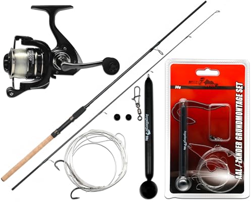 Angel Berger Steck Angelset Aal Zander Grundmontage Rute Rolle mit Angelzubehör Ready2Fish Angel Set Aal Zander Fishing Set EEL Pike Perch Wurm Dead Bait Grundangel Aalangeln Zanderangeln