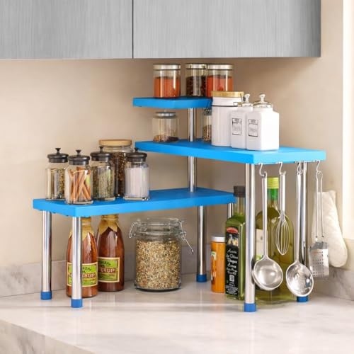 Image of Rack for Kitchen Storage, Corner Shelf for Kitchen, Organizer Rack, 3 Tier Spice, Oil Stand, Tabletop Adjustable Rack for Makeup, Office(Blue)