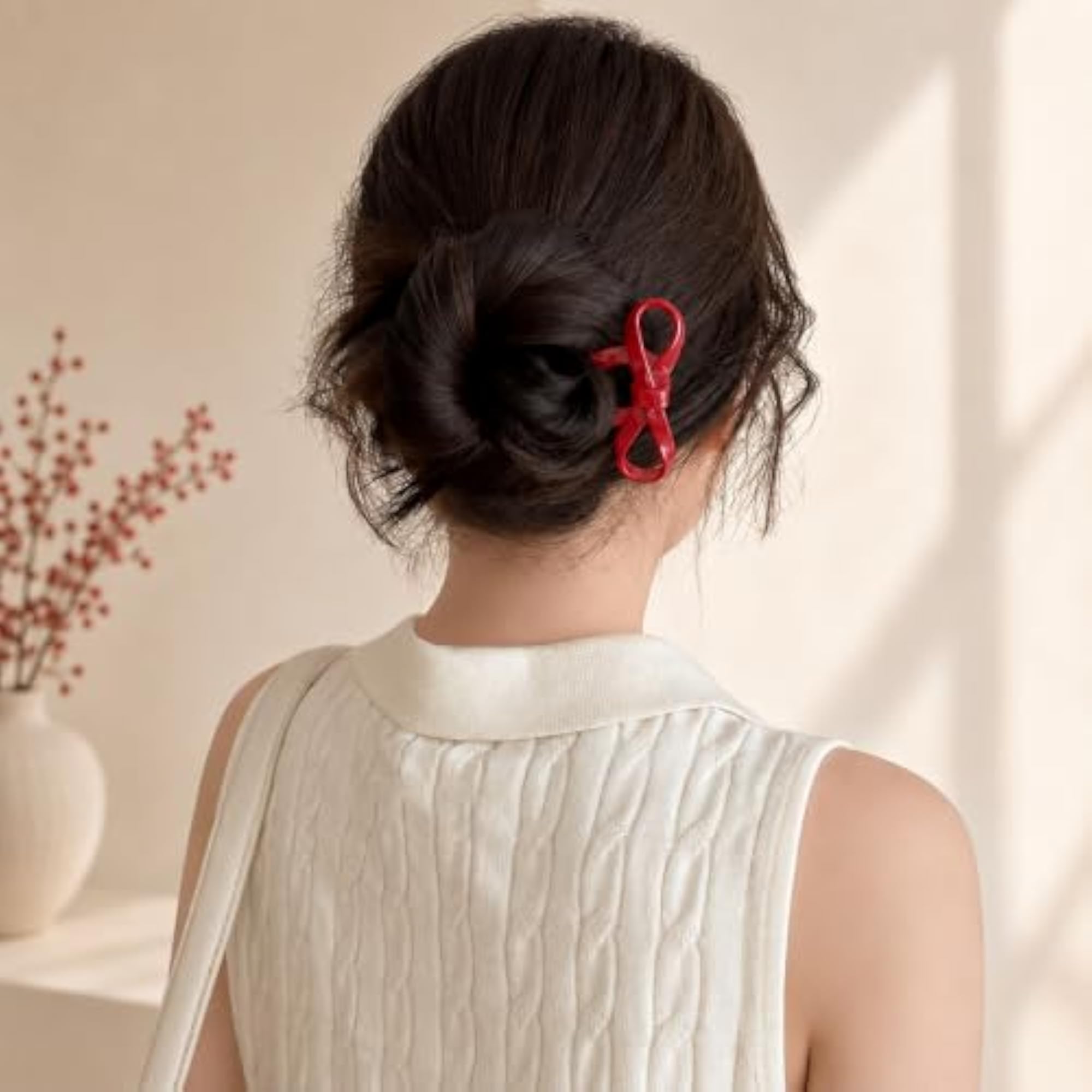French Bow Bun Stick Hair Pin for Women, 11cm Red
