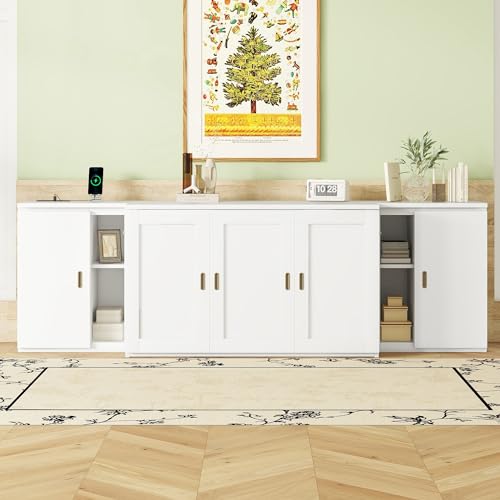 SOFTSEA Murphy Bed with Shelves, Cabinets and USB Ports, Wood Bed Frame for Guest Room, White