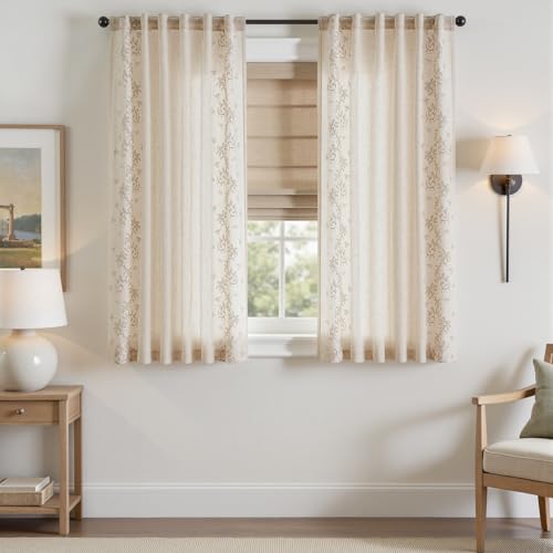 Image of jinchan Floral Linen Curtains, Back Tab 50x63 Inch, 2 Panels Beige