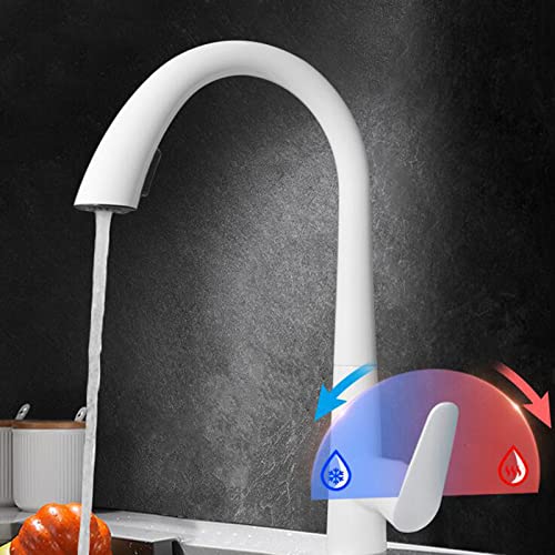 Robinet de cuisine blanc avec douchette extractible et mitigeur en laiton pivotant - 5