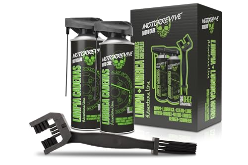 Motorrevive Pack Adventure Line con Limpiador, Lubricante y Cepillo para Cadenas de Moto Off-Road 380 + 380 ml. Grasa Líquida. Mantenimiento Completo para Motocross, Enduro y Rutas Todo Terreno