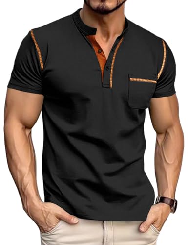QOSOQ Mens Henley Shirt Short Sleeve T-Shirt Casual Top Pullover Summer Lightweight Tee Shirts with Button Black