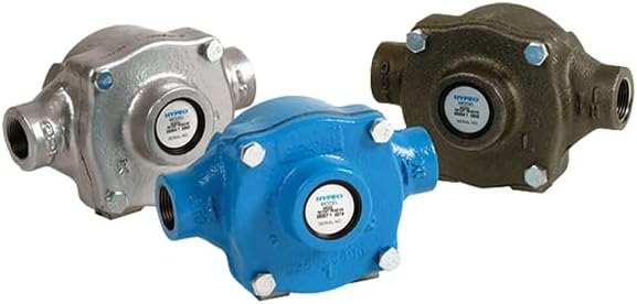 Three Hypro roller pumps in different finishes: silver, blue, and dark grey