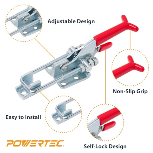 Image of POWERTEC 2PK Toggle Clamp, 700 lbs Holding Capacity, 431 Self-Lock U-Bolt Adjustable Latch w /Antislip Hand Grip for Woodworking Jigs & Fixtures, Smoker, Tire Carrier, Tool Box, Cabinet (20341)