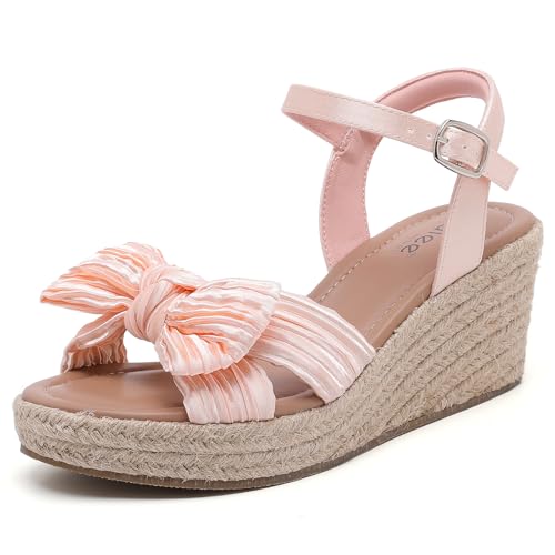 Wide Width Wedge Sandals for Women, Ankle Strap Cute Bowknot Open Toe Summer Shoes Platform Espadrille Wedge Dressy Women Sandals. 8.5 X-Wide Nude 9001