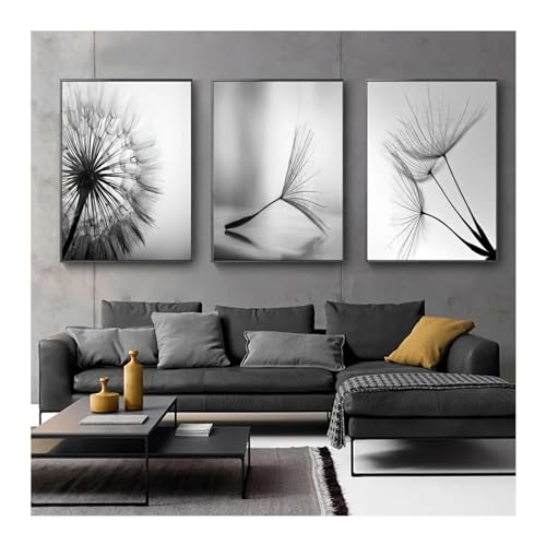 Art mural pissenlit noir et blanc pour habiller un grand mur vide de salon