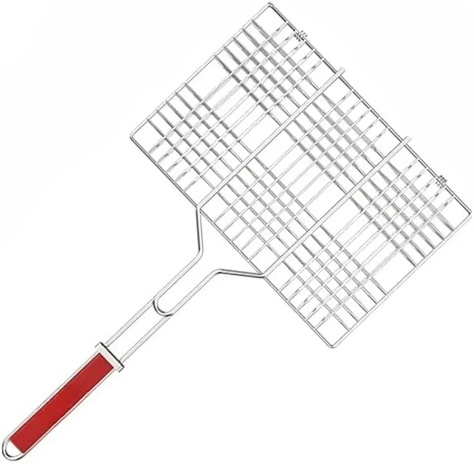 Grelha Dupla para Churrasco Antiaderente Aço Inox Dobravel Churrasqueira Peixe Não Gruda Resistente para Peixe Carnes e Aves(31x25CM)
