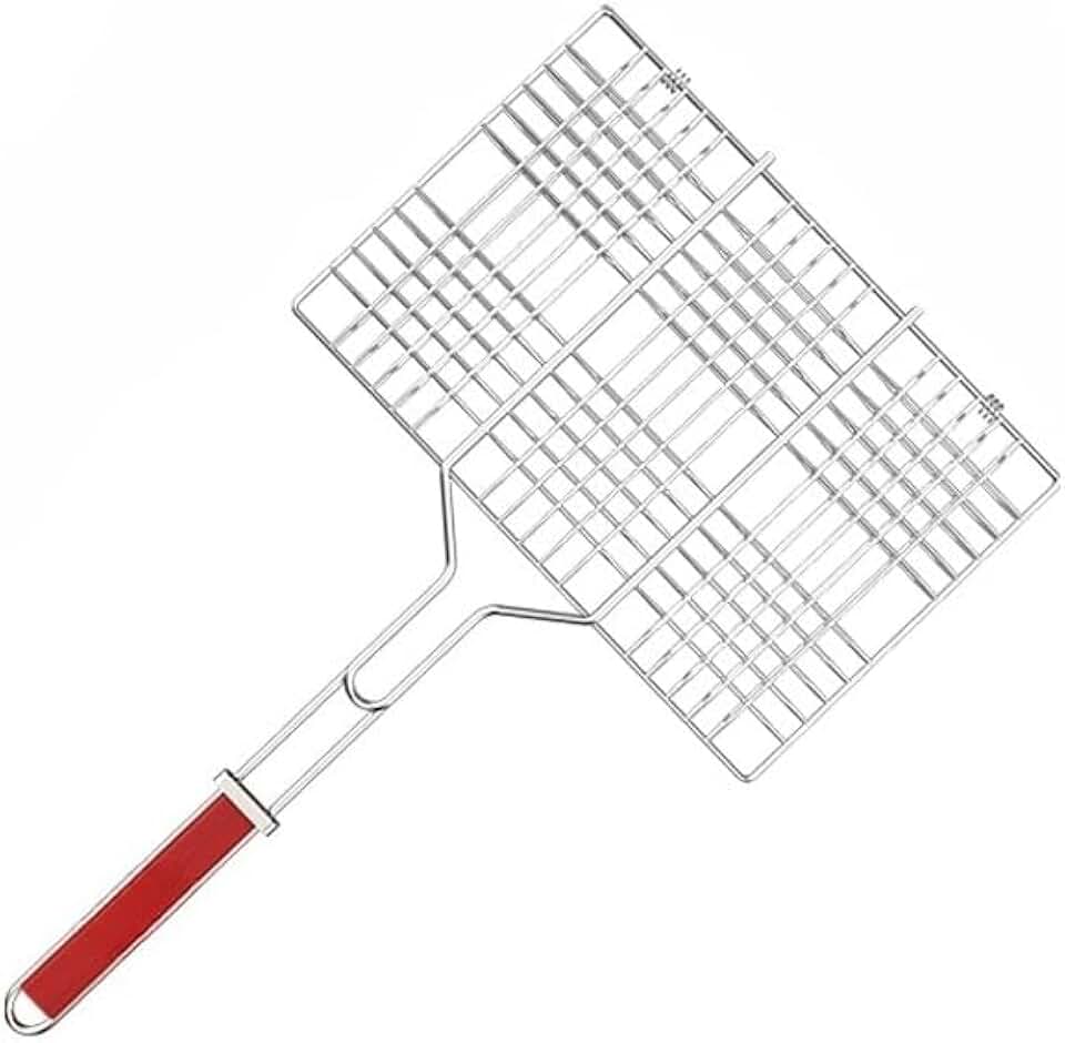 Grelha Dupla para Churrasco Antiaderente Aço Inox Dobravel Churrasqueira Peixe Não Gruda Resistente para Peixe Carnes e Aves(31x25CM)