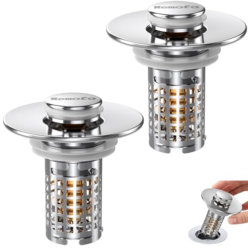 3-in-1 Bathroom Sink Drain Strainer, Stainless Steel Pop-up Strainer Basket Hair Catcher with Removable Basket, Brass Bullet Core, Universal Fit 1.1-2.36 Inch (2PCS)