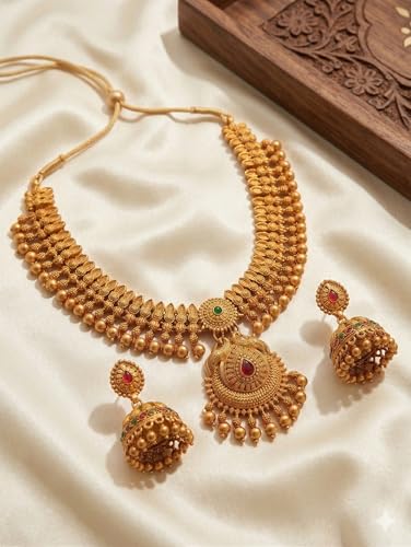 Image of Gold-Plated Antique Temple Jewellery Set for Women - Traditional Necklace with Large Peacock Pendant & Matching Jhumka Earrings | Ethnic Festive & Bridal Wear Set with Ruby & Emerald Accents
