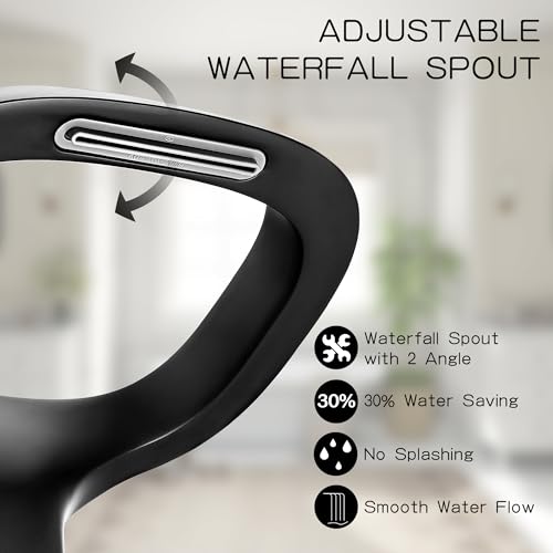 Matte Black Bathroom Faucet 3 Hole, Modern Faucet for Bathroom Sink with Adjustable Spout, Solid Brass 8 Inch Widespread Waterfall Bathroom Faucets with Supply Hoses and 2 Handles for Vanity Sink by Bezeit - Used condition - Image 3