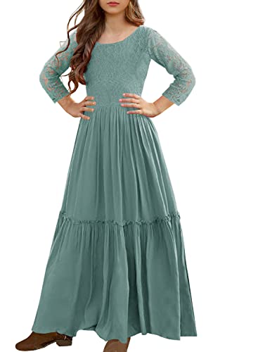 MITILLY Girls Lace Flower Ruffle Sleeve A-Line Swing Wedding Party Maxi Dress with Pockets