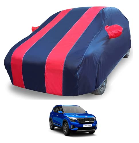 Image of Auto Hub Car Cover Compatible with Kia Seltos (Model-2019-2025) with Mirror Pocket, Weather Proof, Triple Stitched, Seltos Car Cover- Navy-Red