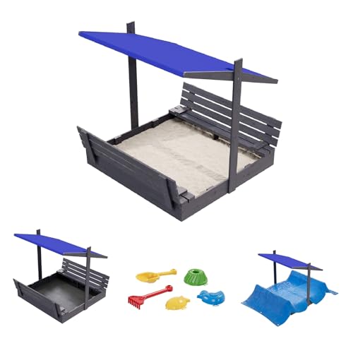 QLS Sabbiera in legno 150 x 150 cm con panchina tetto e copertura impregnata per giardino (blu, 150 cm)