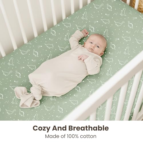 Image of Konssy Muslin Crib Sheets for Boys, Soft Cotton Neutral Baby Sheets for Standard Crib Mattress 2 Pack, 52 inchx28 inch (Dino Jungle,Sage Dino)