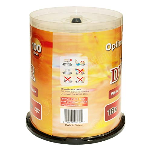 Optimum DVD-R 16x 4.7GB / 120min White Inkjet Printable 100pk with Spindle Cake Box