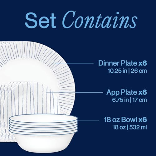 Image of Corelle 18-Piece Dinnerware Set Service for 6, Lightweight Round Plates and Bowls Set, Vitrelle Triple Layer Glass, Chip Resistant, Microwave and Dishwasher Safe, Nautical Stripes