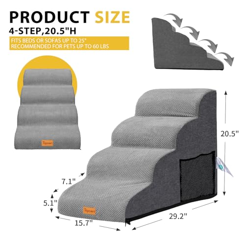 Dog Stairs for Small Dogs,4-Step,Foam Dog Steps&Ramps for Couch/High Beds with Waterproof &Removable Cover, Non-Slip, Grey