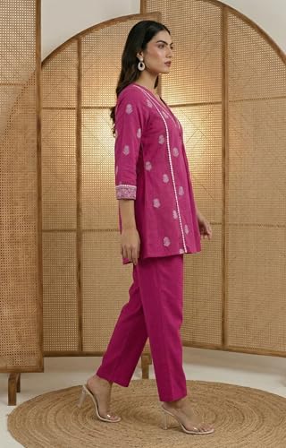 Image of Women's Pure Cotton Kurta Sets for Woman, Schiffli Embroidered Co ord Set for Women Stylish, Kurti Set for Woman, Ethnic Short Kurti and Pant Set