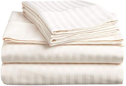 Apsley Linen Damask Stripe Egyptian Cotton 4-PCs Sheet Set Fits Mattress 15-18'' Deep Pocket Luxury Bedding Set High Thread Count Long Staple Sateen Weave Silky Soft Breathable (Short Queen, Ivory)