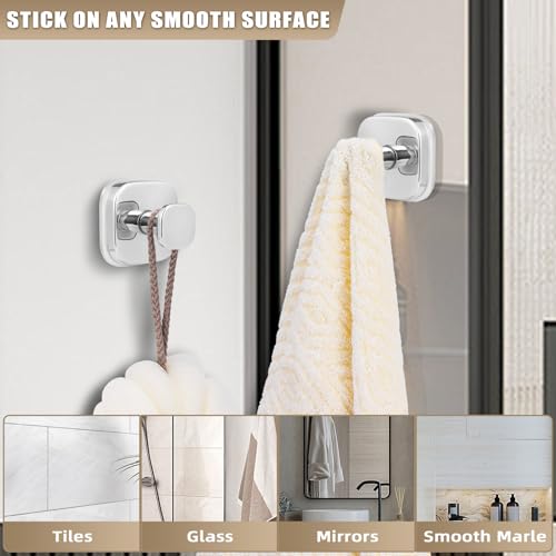 Image of No-Drill Reusable Suction Cup Hooks, Towel, Robe, Loofah, Coat Hook for Glass, Mirror, Tile, Shower, Bathroom, Kitchen & Metal (Smooth, Non-Porous Surfaces) (4, Chrome Polished)