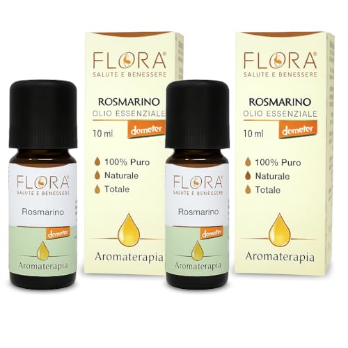 Flora Olio Essenziale Rosmarino pack da 2 Pz da 10 ml Bio Demeter – Distillazione a Vapore, Aromaterapia, Diffusore Oli Essenziali – Aroma da Diluire – Erbaceo, Naturale Puro, Biodinamico