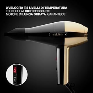 Phon per capelli Elchim 2001 Black&Gold - New Edition | Asciugacapelli Professionale | Due Velocità | Cinque temperature | Motore di Lunga Durata | Per Capelli Morbidi e Setosi |1700-2000W 220-240V