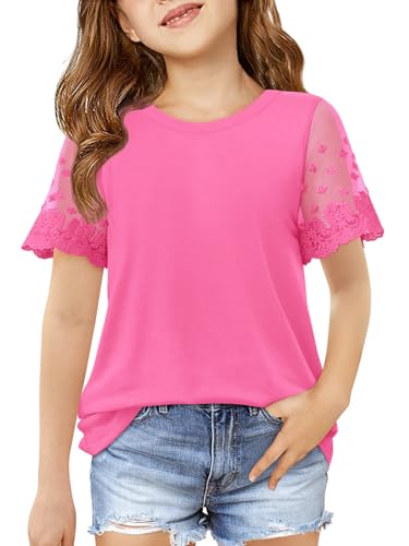 Image of Haloumoning Girls Lace Short Sleeve T Shirts Kids Summer Crewneck Tunic Tops Curved Hem 5-14 Years