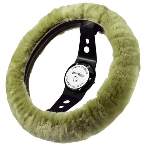 Andalus Brands Luxury Fluffy Car Steering Wheel Covers â€“ Genuine Merino Sheepskin, Soft Fuzzy Car Steering Wheel Cover for Women, Universal 14.5-15" Size, Plush Fur Cute Auto Accessories, Green