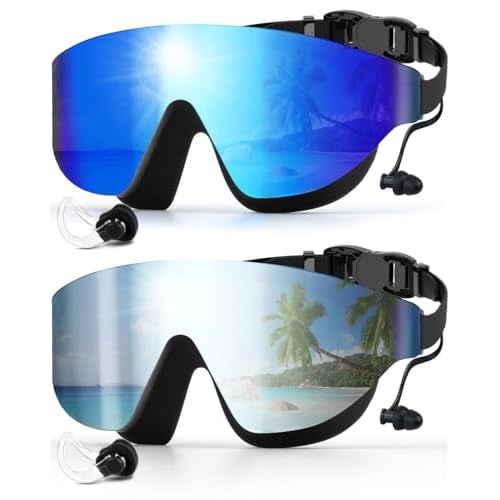 Swim Goggles, Frameless Wide View Swimming Goggles, Anti-Fog Anti-UV No Leaking Pool Goggles for Men Women Adult Blue & Silver