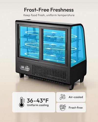 Image of Certified Commercial Refrigerator, 3.6 Cu.Ft Countertop Refrigerator Refrigerated Display Case with Curved Glass & Auto Defrost, Freestanding Bakery Display Case for Cafe & Restaurant