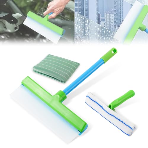 Window Cleaning Kit, Window Squeegee, Recyclable Silicone Window Squeegee Kit, 3 in 1 Glass Cleaning Tool with Rotatable Rubber Microfiber Scrubber (1 Set)