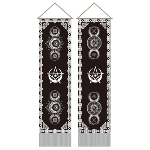 AHANDMAKER 2Pcs Sun and Moon Tapestry, Mystical Symbol Long Vertical Tapestry Wall Hanging, Mystic Stars Tassel Wall Tapestrie Mystic Aesthetic Tapestriies for Bedroom and Living Room(45.7x13 Inch)