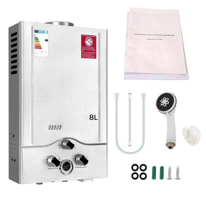 Chauffe-eau à Gaz 8LPM,Instantané 8LPM 16kW LPG GPL au Butane Propane avec Modes Hiver et Eté, CE Certifié,avec une Pression d'Eau de Départ Très Faible,pour la Maison,la Caravane,les Cabines (8L)
