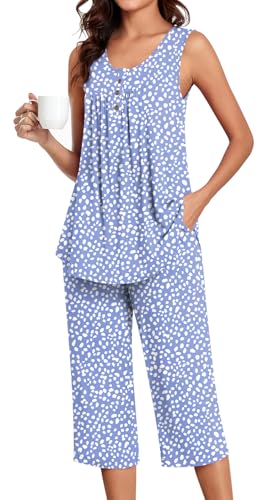 Image of Bestbee Women's Sleeveless Pajama Sets 2 Piece Sleepwear Summer Lounge Outfits Henley Tanks Capri Pants Ladies Pjs