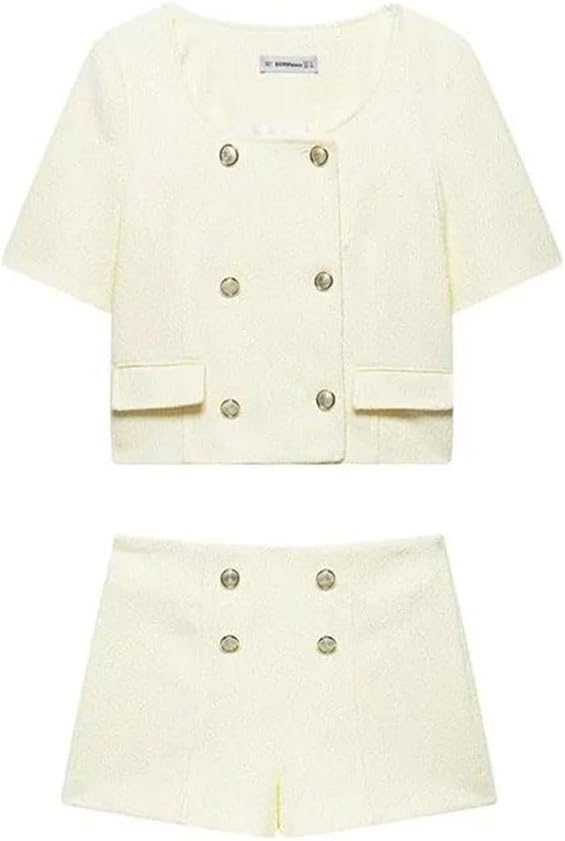 Women's 2 Piece Golden Button Shorts Set Double Breasted Short Jacket and Tops Fashion Outfit