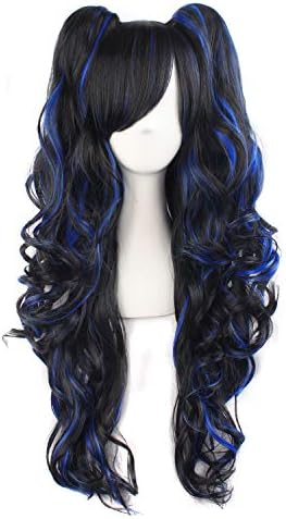 MapofBeauty Lolita Long Curly Clip on Ponytails Cosplay Wig, Black/Blue