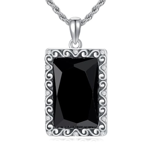 Black Onyx Necklace S925 Sterling Silver Black Onyx Gemstone Vintage Retro Handmade Silver Black Onyx with Cubic Zircon Jewelry Gift for Women Men Her Him
