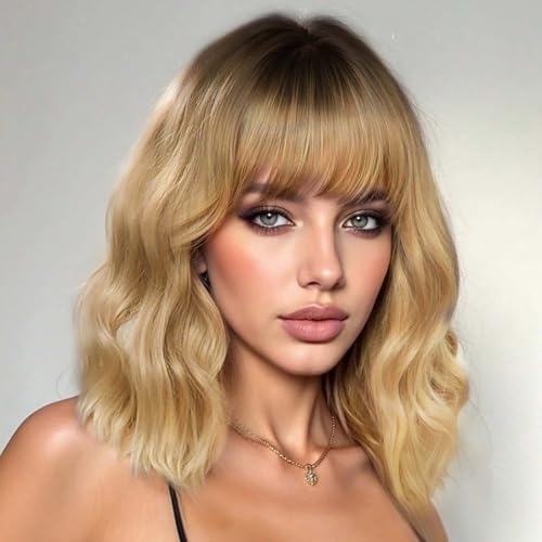 Image of AISI HAIR Curly Bob Wig with Bangs Short Wavy Golden Blonde with Darker Roots Wigs for Women Bob Style Synthetic Heat Resistant Bob Wigs