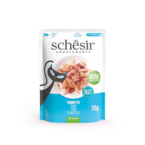 Schesir, Filetes de Atún en Gelatina, Comida Húmeda Complementaria para Gatos, en Bolsas, Receta Original, 100% Natural, 12 x 70g