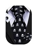 Barry.Wang Man Necktie Sets Silk Skull Woven Black Tie Hanky Cuff Links Ceremony Party