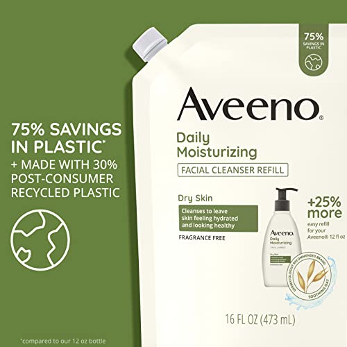 Aveeno Daily Moisturizing Facial Cleanser With Soothing Non-Gmo Oat, Leaves Skin Feeling Hydrated, Soft & Supple, Paraben-, Sulfate-, Fragrance-, Dye- & Soap-Free, Refill Pouch, 16 Fl. Oz #TOP2