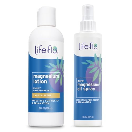LIFE-FLO Magnesium Lotion Vanilla Scent and Pure Magnesium Oil Spray - w/Zechsterin Seabed Magnesium Chloride - Soothing Body Lotion and 100% Magnesium Oil for Feet and Body, 60-Day Guarantee, 8oz ea