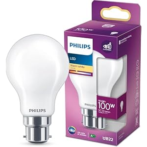 Philips LED Premium Classic A60 Frosted Light Bulb [B22 Bayonet Cap] 10.5W – 100W Equivalent, Warm White 2700K, Non Dimmable