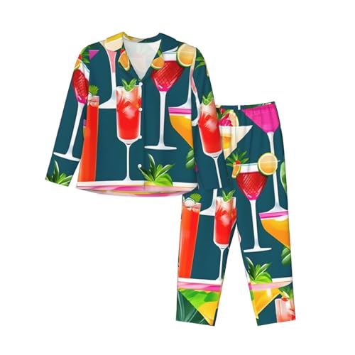 Pyjama 2 pièces femme imprimé cocktail tropical aux finitions soignées et élégantes