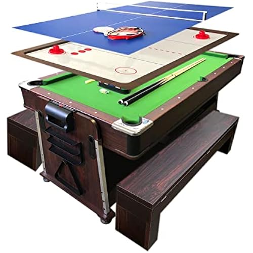 4 in 1 - 7Ft Green Pool Table with Benches + Air Hockey + Tennis Table Tennis + Dinner Table Model Mattew, Green,White,Red