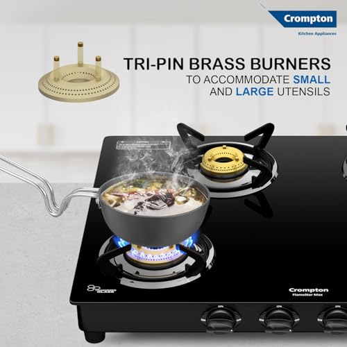 Crompton FlameStar Max 4 Burner Glass Top LPG Gas Stove | 1 Jumbo & 3 Medium Brass Burner | Max Space | Easy Cleaning | Toughened Glass| Tri Pin... - Image 7