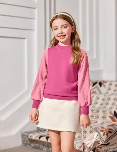 Image of Arshiner Girls Puff Long Sleeve Sweaters Crewneck Lace Polka Dot Casual Knit Tops Pullover Jumper Outwear for Kids